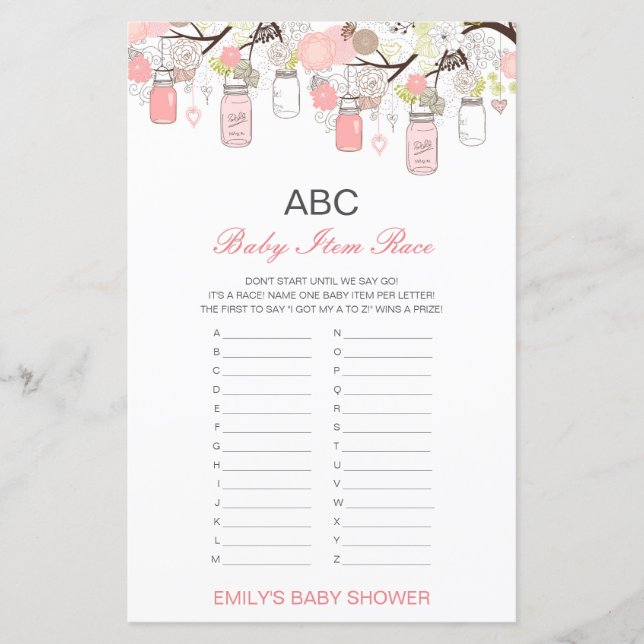 Alphabet Baby Item Baby Shower-spel utskriven (Framsida)