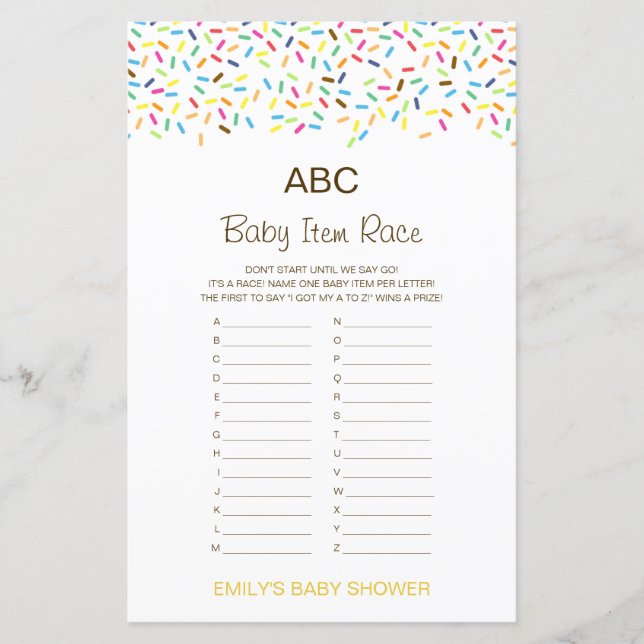 Alphabet Baby Item Baby Shower-spel utskriven (Framsida)