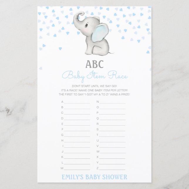 Alphabet Baby Item Baby Shower-spel utskriven (Framsida)