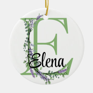 Alphabet brev E, vattencolor Lavender botanical Julgransprydnad Keramik