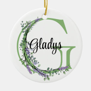 Alphabet brev G, vattencolor Lavender botanical Julgransprydnad Keramik