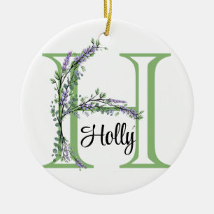 Alphabet brev H, vattenfärgen Lavender botaniskt Julgransprydnad Keramik