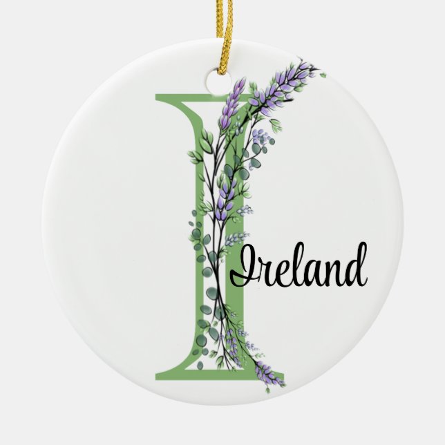 Alphabet brev I, vattenfärg Lavender botaniskt Julgransprydnad Keramik (Framsidan)