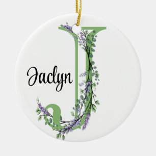 Alphabet brev J, vattencolor Lavender botanical Julgransprydnad Keramik