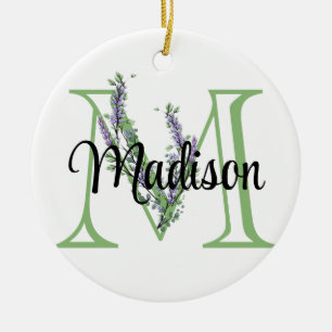 Alphabet brev M, vattencolor Lavender botanical Julgransprydnad Keramik