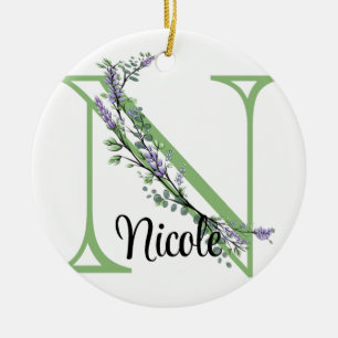 Alphabet brev N, vattencolor Lavender botanical Julgransprydnad Keramik