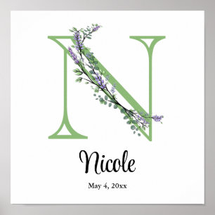 Alphabet brev N vattencolor Lavender Eucalyptus Poster