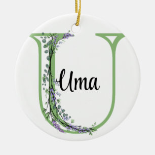 Alphabet brev U, vattencolor Lavender botanical Julgransprydnad Keramik