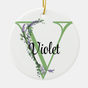 Alphabet brev V, vattencolor Lavender botanical Julgransprydnad Keramik