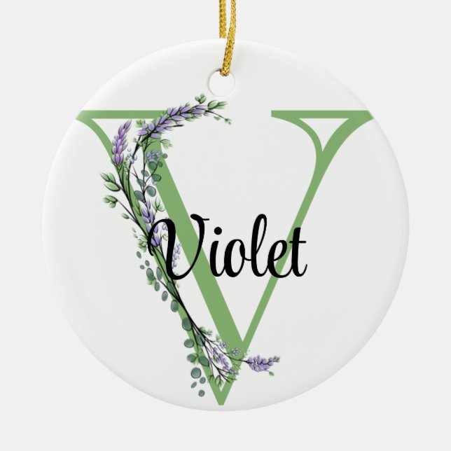 Alphabet brev V, vattencolor Lavender botanical Julgransprydnad Keramik (Framsidan)