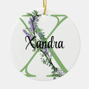 Alphabet brev X, vattencolor Lavender botanical Julgransprydnad Keramik
