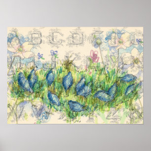 Alphabet Collage Quail Foraging Poster