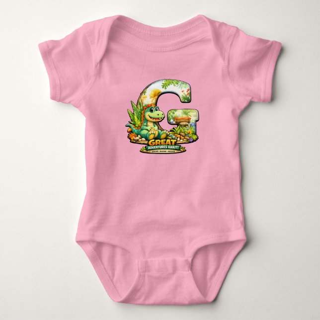 🦕💖 Alphabet Dino “G” Baby Jersey Bodysuit 👶✨ T Shirt (Framsida)