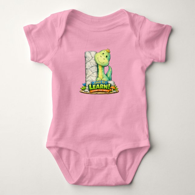 🦕💖 Alphabet Dino “L” Baby Jersey Bodysuit 👶✨ T Shirt (Framsida)