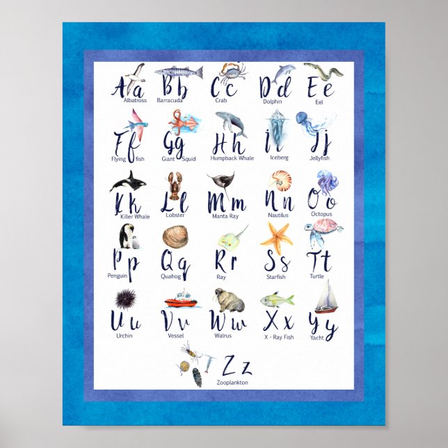 Alphabet för barn, havslevande djur poster (Framsidan)