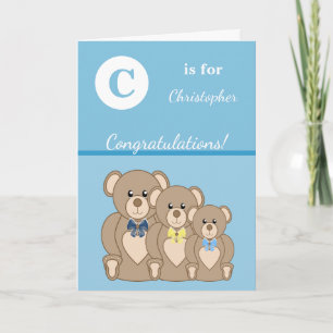 Alphabet namn nyfödd bebis söta nallar blå kort