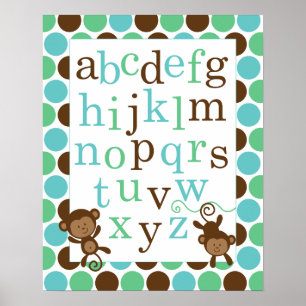 Alphabet Poster för Nursery Blue Grönt Monkey