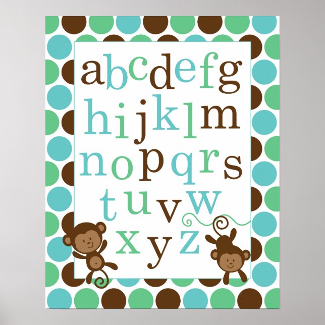 Alphabet Poster för Nursery Blue Grönt Monkey (Framsidan)