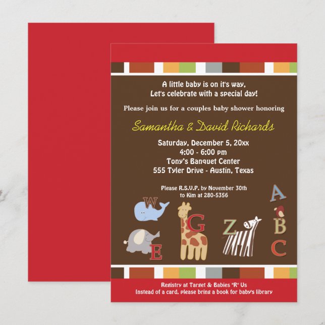 Alphabet Soppa Jungle Baby Shower Inbjudan (Brown) (Fram/baksida)