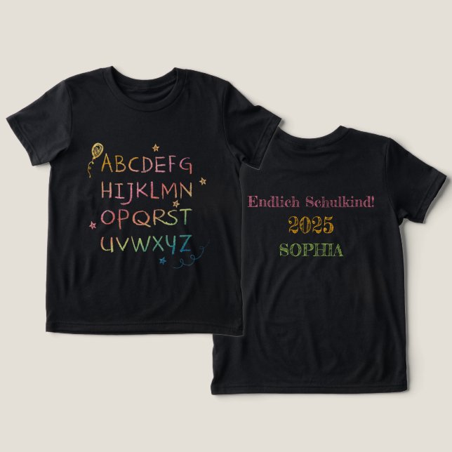 Alphabet Sterne bunt - Tafel Kreide | Einschulung T Shirt (Design fram och bak)