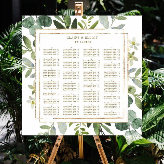 ALPHABETISK ORDER Guld Greenery Bröllop Sittplats Poster (Skapare uppladdad)