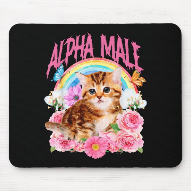 Alphamane Rolig Katt Kattunge Regnbåge Blommig Musmatta (Framsidan)