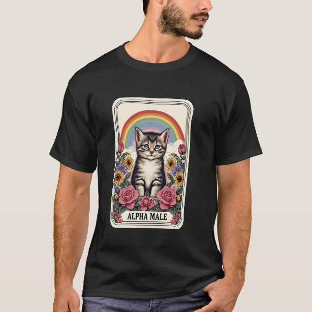 Alphamaskulin Rolig Katt Regnbågar Blommor T Shirt (Framsida)