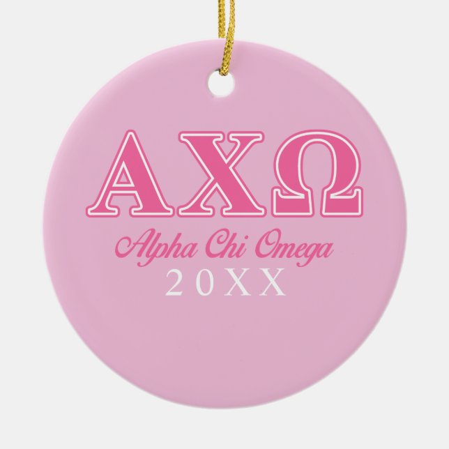 Alphi Chi Omega Rosa Bokstäver Julgransprydnad Keramik (Framsidan)