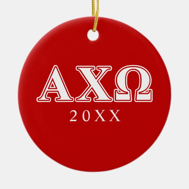 Alphi Chi Omega Vita och Röda Bokstäver Julgransprydnad Keramik (Framsidan)