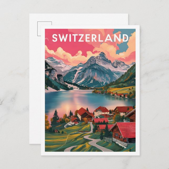 Alphine Schweiz Art Travel Illustration Vykort (Fram/baksida)