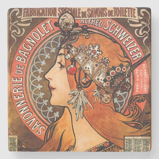 Alphone Mucha Bevackra Art nouveau Dam Underlägg Sten (Framsidan)