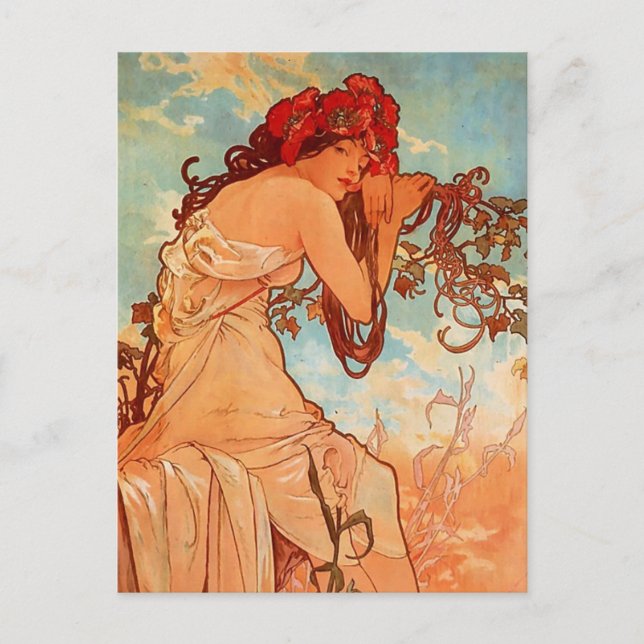 Alphons Mucha - fyra säsonger - SOMMER Vykort (Framsida)
