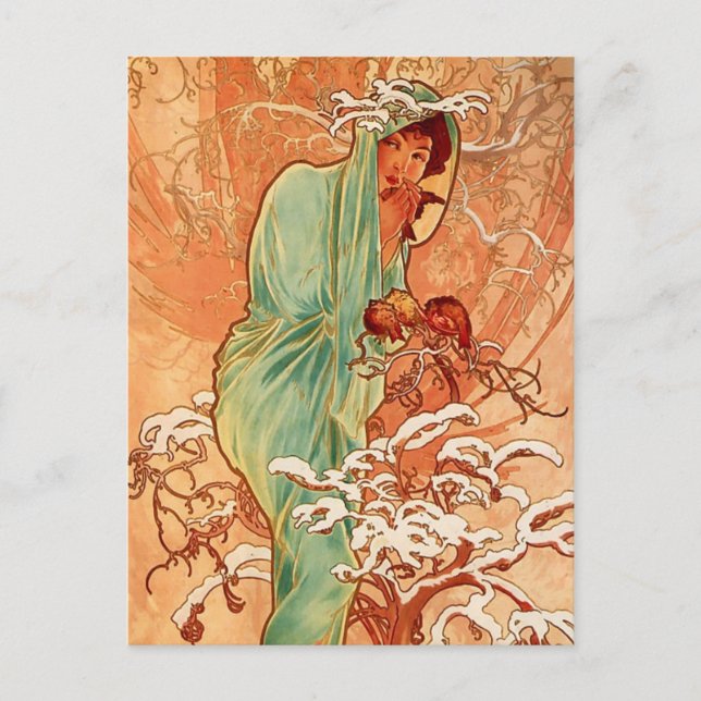 Alphons Mucha - fyra säsonger - Vinter Vykort (Framsida)