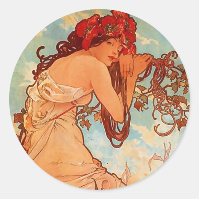 Alphons Mucha Summer Runt Klistermärke (Framsida)