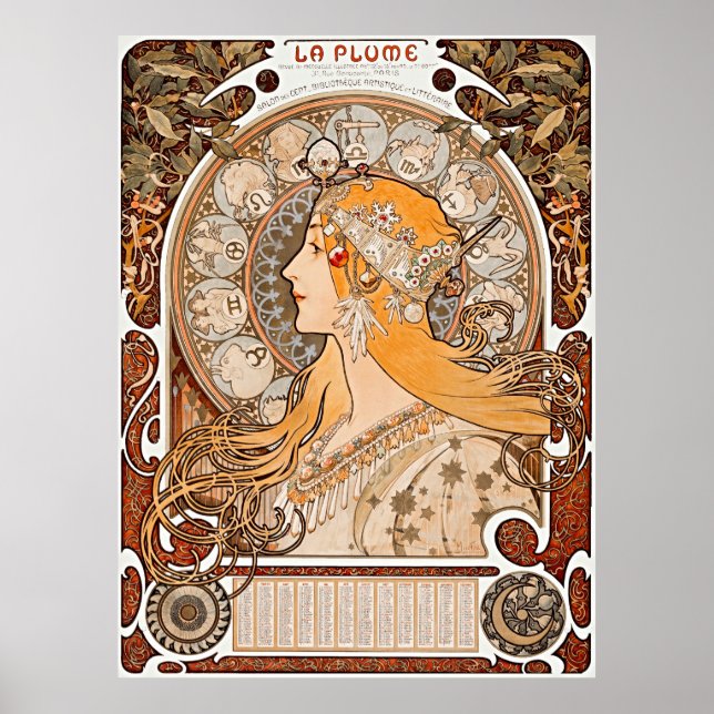 Alphonse Maria Mucha's Zodiaque eller La Plume Poster (Framsidan)
