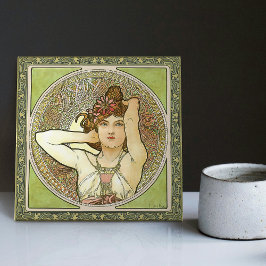Alphonse Mucha Amethyst Grönt Art nouveau Vintage Kakelplatta