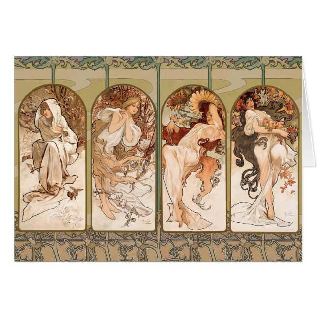 Alphonse Mucha Årstidarna 1897 Art Nouveau Panel Hälsningskort (Framsidan Horizontal)