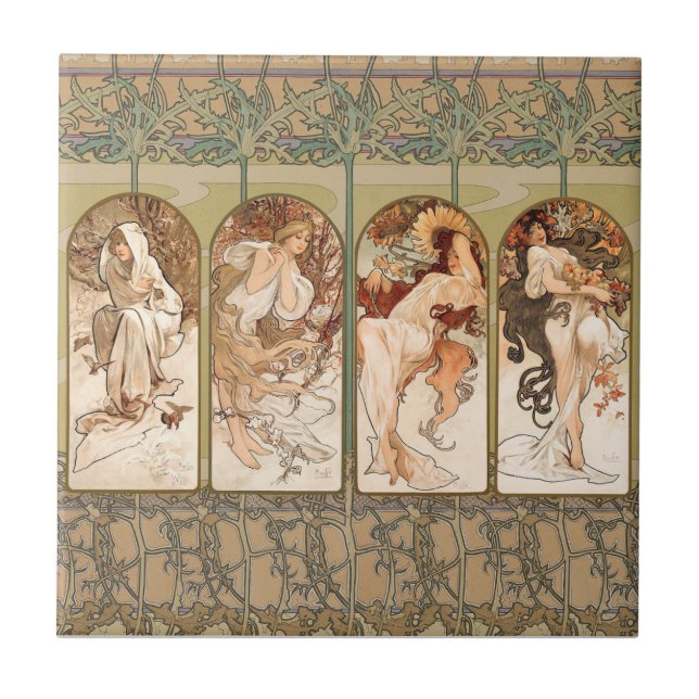 Alphonse Mucha Årstidarna 1897 Art Nouveau Panel Kakelplatta (Framsidan)