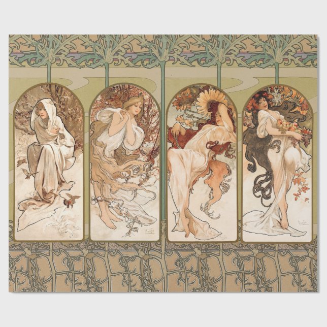Alphonse Mucha Årstidarna 1897 Art Nouveau Panel Presentpapper (Platt)