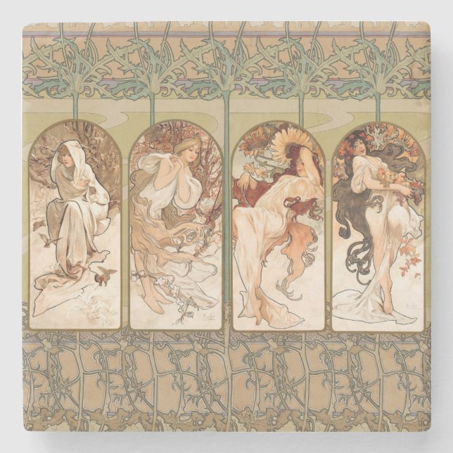 Alphonse Mucha Årstidarna 1897 Art Nouveau Panel Stenunderlägg (Framsidan)