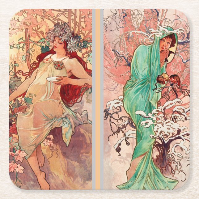 Alphonse Mucha, Årstiderna (1896)  Underlägg Papper Kvadrat (Framsidan)