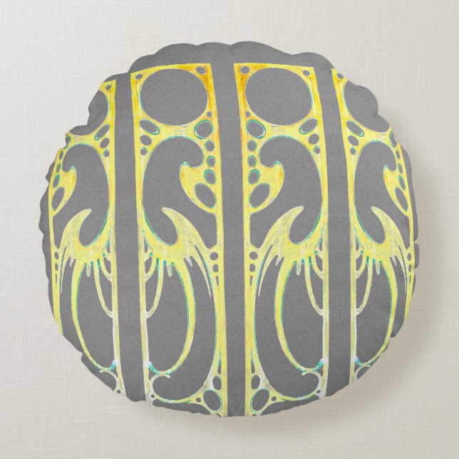 Alphonse Mucha art nouveau abstrakt art grått Rund Kudde (Framsidan)