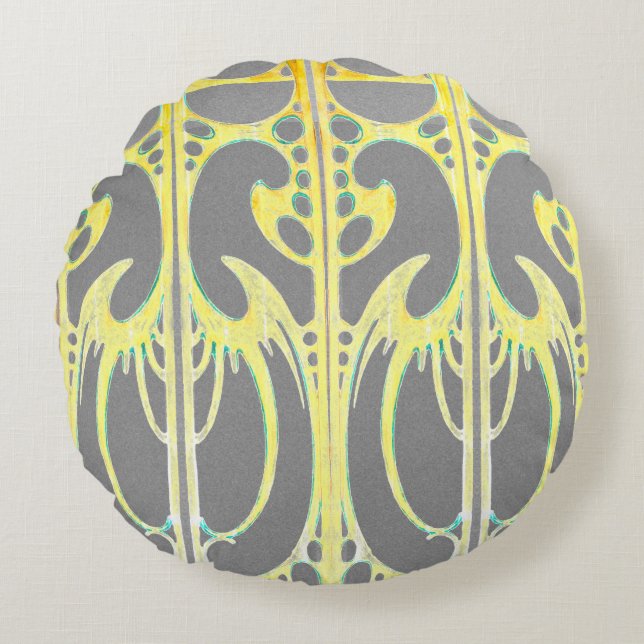 Alphonse Mucha art nouveau abstrakt art grått yell Rund Kudde (Framsidan)