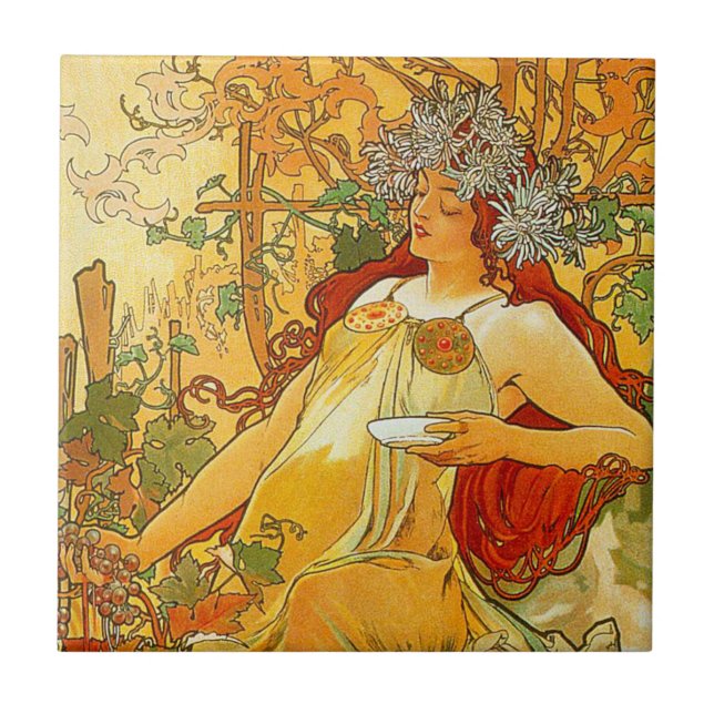 Alphonse Mucha Art nouveau Autumn Kakelplatta (Framsidan)