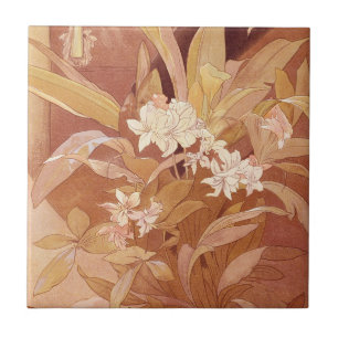 Alphonse Mucha Art Nouveau Blommotiv Kakelplatta