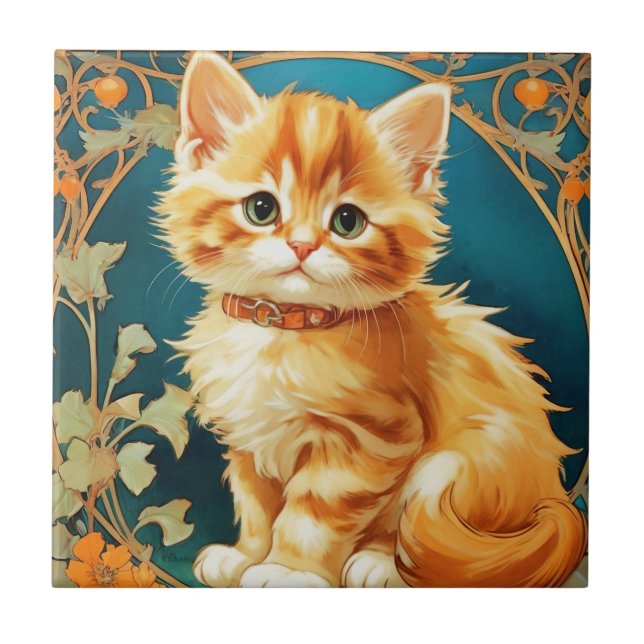 Alphonse Mucha Art nouveau Cat Kakelplatta (Framsidan)