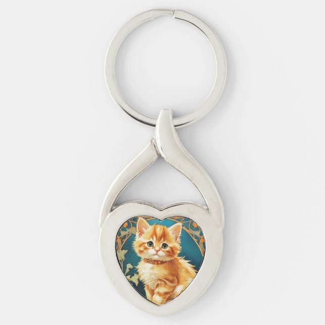 Alphonse Mucha Art nouveau Cat Twisted Heart Silverfärgad Nyckelring (Framsidan)