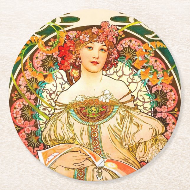 Alphonse Mucha Art nouveau Daydröm Underlägg Papper Rund (Framsidan)