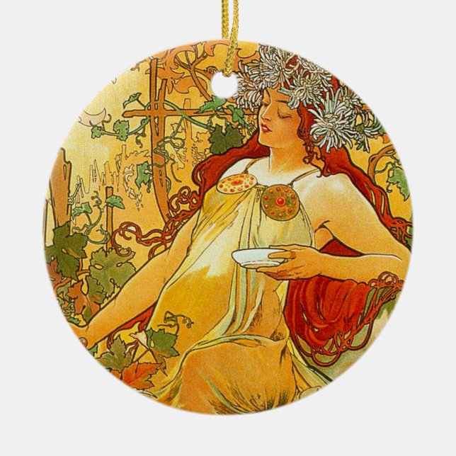 Alphonse Mucha Art Nouveau Höst Julgransprydnad Keramik (Framsidan)