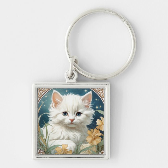 Alphonse Mucha Art nouveau Kitten Fyrkantig Silverfärgad Nyckelring (Framsidan)